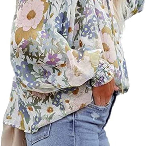 Womens V Neck Tie Front Long Sleeve Floral Blouse in Blue sz small - Picture 4 of 12